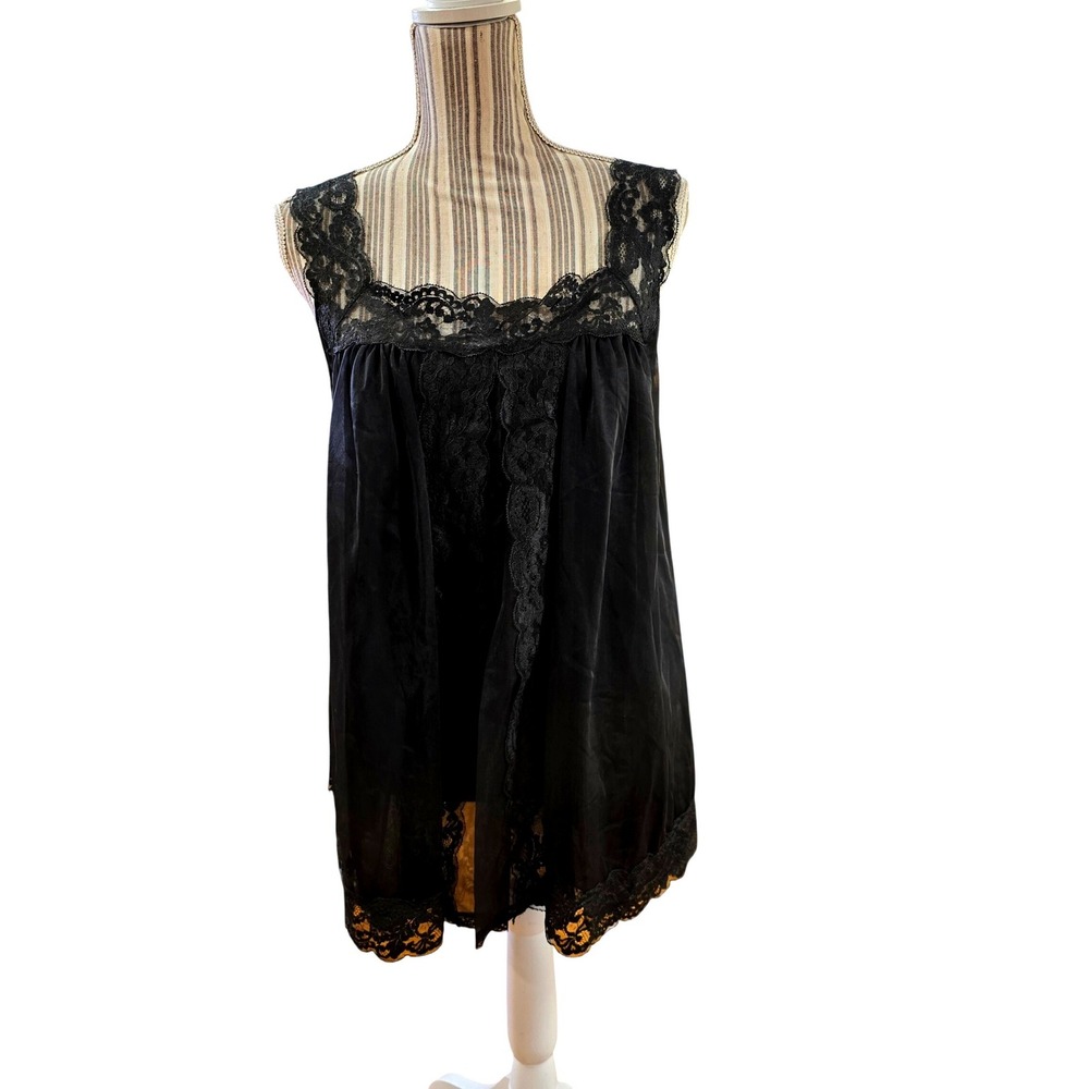 Vintage Shadowline Black Nylon Lace Babydoll Nightie Med Fully Lined Slip Dress